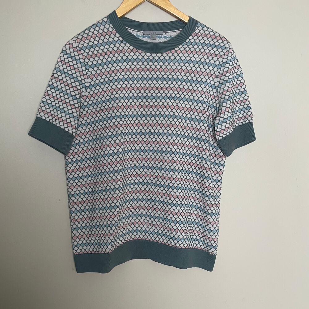 COS Short Sleeve Knit Ringer Crew Neck Diamond Pattern Shirt Green Pink S